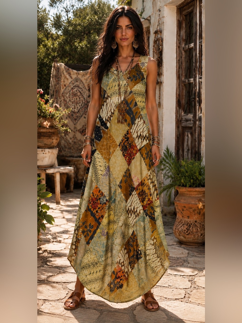 H093 NWT Jaded Gypsy S/M ptp21 Sleeveless Patchwork Patchwork, Maxi Dress